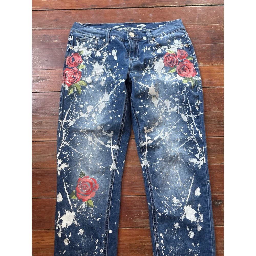Seven7 Jeans Women's Girlfriend Fit Size 6 Blue Flower Paint Distressed